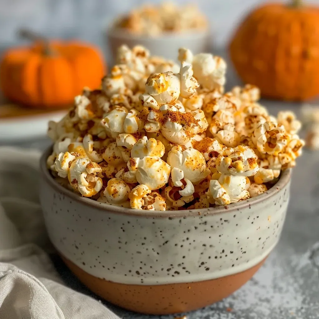 ['Close-up view of pumpkin spice popcorn with a golden-brown hue.', 'Side view of air-popped popcorn coated in pumpkin spice seasoning.', 'Textured popcorn pieces sprinkled with spices, in a casual setting.', 'Overhead shot of a bowl filled with pumpkin spice popcorn snack.']