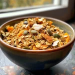 ['Close-up of Pumpkin Spice Protein Granola highlighting oats and pumpkin seeds.', 'Side view of a bowl filled with Pumpkin Spice Protein Granola, showcasing its texture.', 'Detailed image of Pumpkin Spice Protein Granola, featuring nuts and seeds amidst a warm spice blend.', 'Zoomed-in shot of Pumpkin Spice Protein Granola with a focus on the golden color and ingredients.']