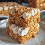 ['A close-up view of pumpkin spice Rice Krispie treats garnished with colorful sprinkles.', 'Side perspective of chewy Rice Krispie treats flavored with pumpkin spice, showcasing a golden-brown hue and sprinkles.', 'A detailed image of pumpkin spice Rice Krispie treats, featuring a glossy finish and vibrant sprinkles on top.', 'An appetizing close-up of delicious pumpkin spice Rice Krispie treats, highlighting their texture and colorful decoration.']
