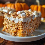 ['Close-up of Pumpkin Spice Rice Krispie Treats with a golden-brown hue and white chocolate chips.', 'Side view of layered Pumpkin Spice Rice Krispie Treats, showcasing a gooey texture and seasonal colors.', 'Delicious Pumpkin Spice Rice Krispie Treats, featuring a rich pumpkin color and decorative sprinkles.', 'A stacked display of Pumpkin Spice Rice Krispie Treats, highlighting their chewy, marshmallow texture.']