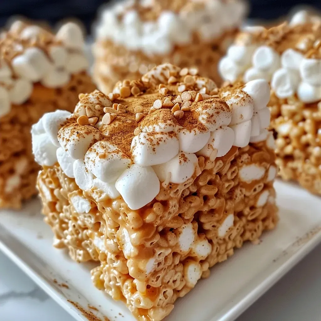 ['Close-up side view of Pumpkin Spice Rice Krispie Treats stacked on a white plate.', 'Detailed view showcasing crispy pumpkin spice bars with a sprinkle of white chocolate chips.', 'Tasty Rice Krispie Treats with a rich orange hue, garnished with creamy white chocolate.', 'A side perspective of delicious Pumpkin Spice Rice Krispie Treats drizzled with orange gel icing.']