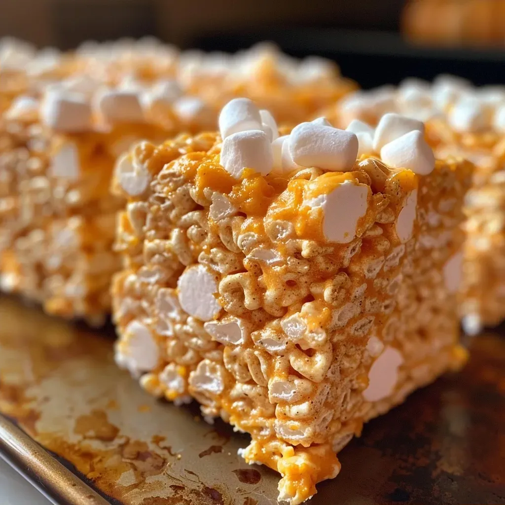 ['Close-up of Pumpkin Spice Rice Krispie Treats with a golden-brown hue and white chocolate chips.', 'Side view of layered Pumpkin Spice Rice Krispie Treats, showcasing a gooey texture and seasonal colors.', 'Delicious Pumpkin Spice Rice Krispie Treats, featuring a rich pumpkin color and decorative sprinkles.', 'A stacked display of Pumpkin Spice Rice Krispie Treats, highlighting their chewy, marshmallow texture.']