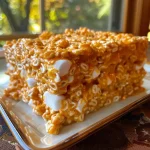 ['Close-up view of Pumpkin Spice Rice Krispies in a bowl, showing gooey marshmallows and vibrant orange color.', 'Side angle of a delicious treat made from Rice Krispies, featuring a pumpkin spice flavor with a glossy finish.', 'Detailed shot of Pumpkin Spice Rice Krispies, highlighting the textures of melted marshmallows and crispy cereal.', 'Close-up of a colorful batch of Pumpkin Spice Rice Krispies, emphasizing the warm orange hue and festive appearance.']