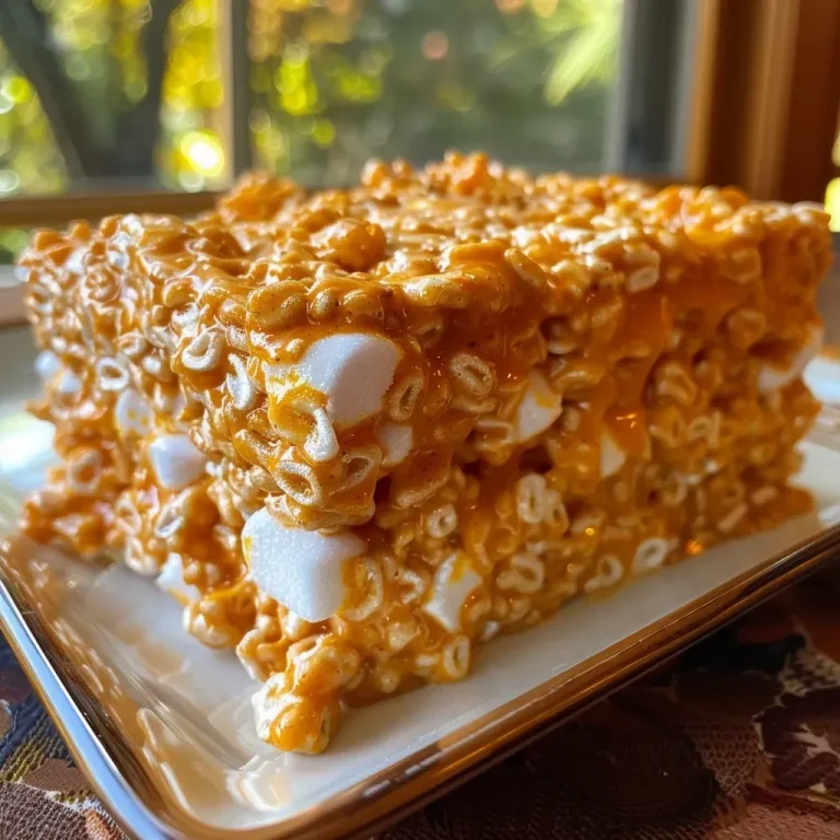 ['Close-up view of Pumpkin Spice Rice Krispies in a bowl, showing gooey marshmallows and vibrant orange color.', 'Side angle of a delicious treat made from Rice Krispies, featuring a pumpkin spice flavor with a glossy finish.', 'Detailed shot of Pumpkin Spice Rice Krispies, highlighting the textures of melted marshmallows and crispy cereal.', 'Close-up of a colorful batch of Pumpkin Spice Rice Krispies, emphasizing the warm orange hue and festive appearance.']