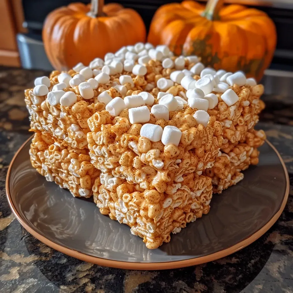 ['Close-up view of Pumpkin Spice Rice Krispies in a bowl, showing gooey marshmallows and vibrant orange color.', 'Side angle of a delicious treat made from Rice Krispies, featuring a pumpkin spice flavor with a glossy finish.', 'Detailed shot of Pumpkin Spice Rice Krispies, highlighting the textures of melted marshmallows and crispy cereal.', 'Close-up of a colorful batch of Pumpkin Spice Rice Krispies, emphasizing the warm orange hue and festive appearance.']