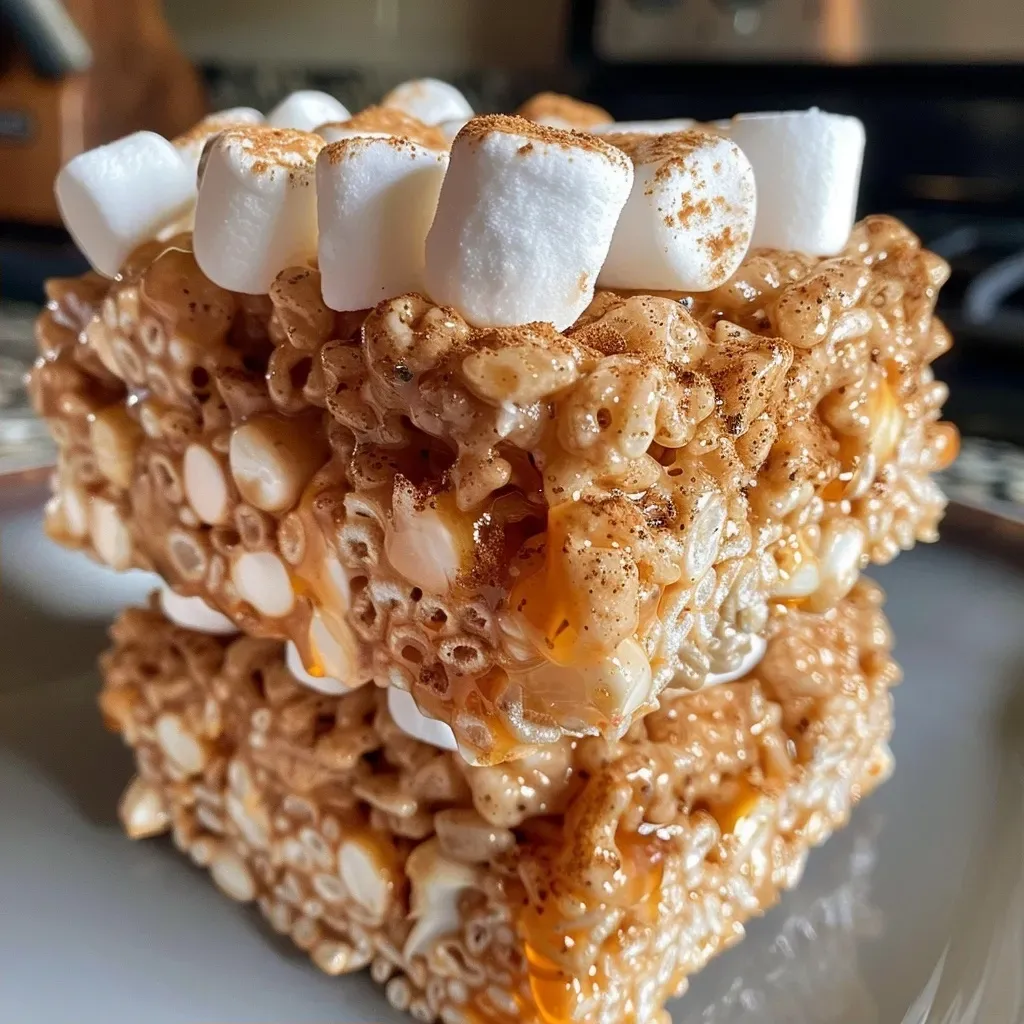 ['Close-up view of a Pumpkin Spice Rice Krispy treat with a golden-brown hue.', 'Side view of a crispy, chewy Pumpkin Spice Rice Krispy, showcasing its texture and color.', 'Zoomed-in image of a Pumpkin Spice Rice Krispy treat, highlighting its gooey marshmallow and rice texture.', 'Detailed shot of a Pumpkin Spice Rice Krispy, with a creamy orange color indicating pumpkin flavor.']