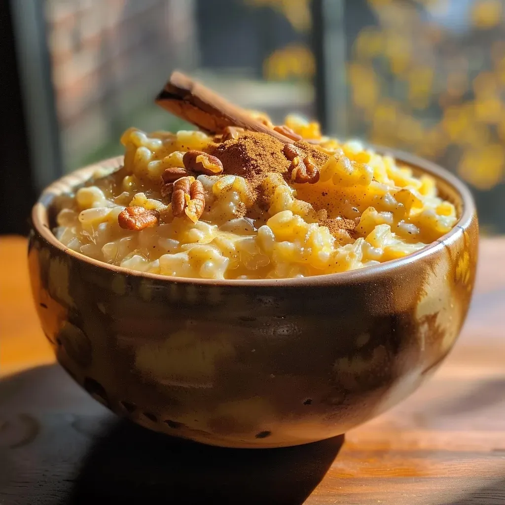 ['A close-up side view of creamy Pumpkin Spice Rice Pudding topped with golden raisins and pecans.', 'A detailed shot of Pumpkin Spice Rice Pudding served in a bowl, showcasing its vibrant orange hue.', 'A side view of a bowl filled with Pumpkin Spice Rice Pudding garnished with nuts and spices.', 'An image of delicious Pumpkin Spice Rice Pudding, highlighting its rich texture and festive toppings.']