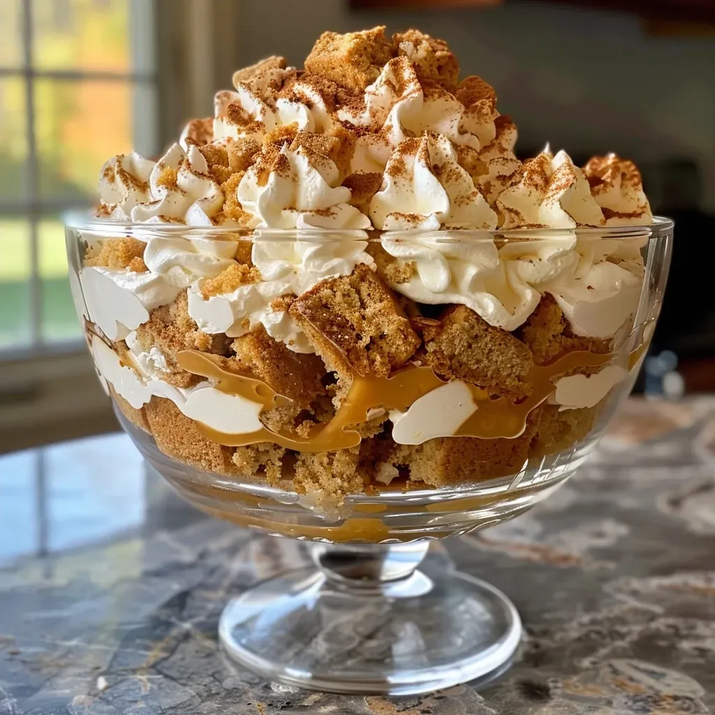 ['Close-up view of a Pumpkin Spice Trifle layered with cake and cream.', 'Side photo of a delectable Pumpkin Spice Trifle featuring whipped topping and pumpkin layers.', 'Detailed image of a Pumpkin Spice Trifle showcasing spice cake and creamy pumpkin filling.', 'Beautifully layered Pumpkin Spice Trifle in a glass dish, highlighting its rich textures.']