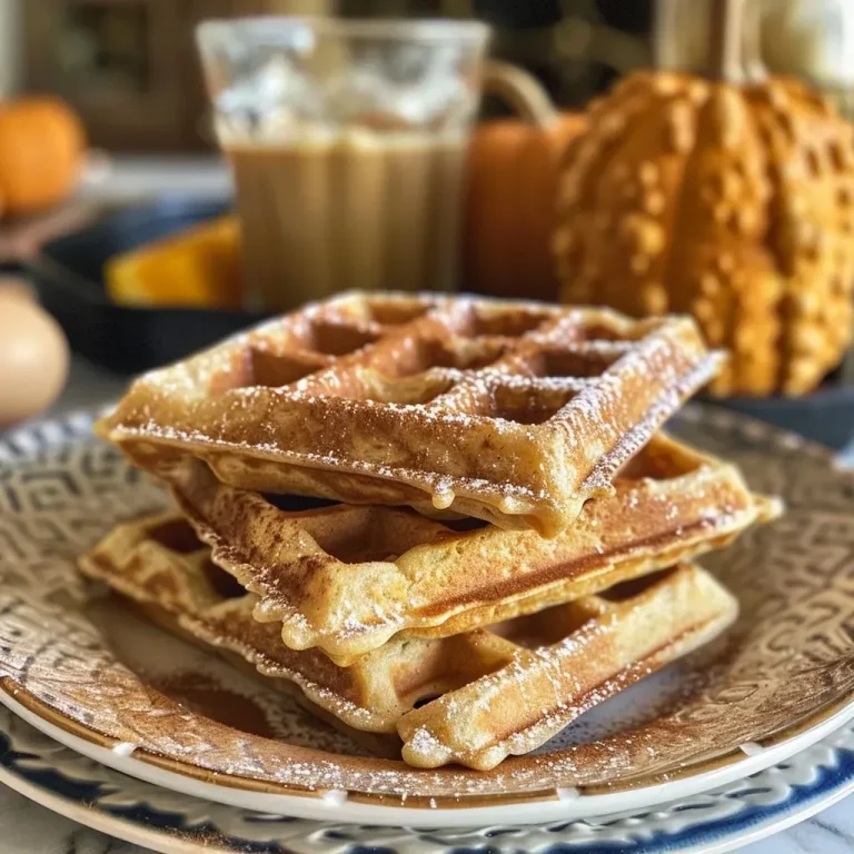 ['Close-up view of golden-brown pumpkin-spiced waffles drizzled with syrup.', 'Side view of fluffy pumpkin waffles topped with a sprinkle of cinnamon.', 'Juicy pumpkin waffles stacked on a plate, showcasing a rich orange hue.', 'Delicious pumpkin-spiced waffles displayed, highlighting their texture and toppings.']