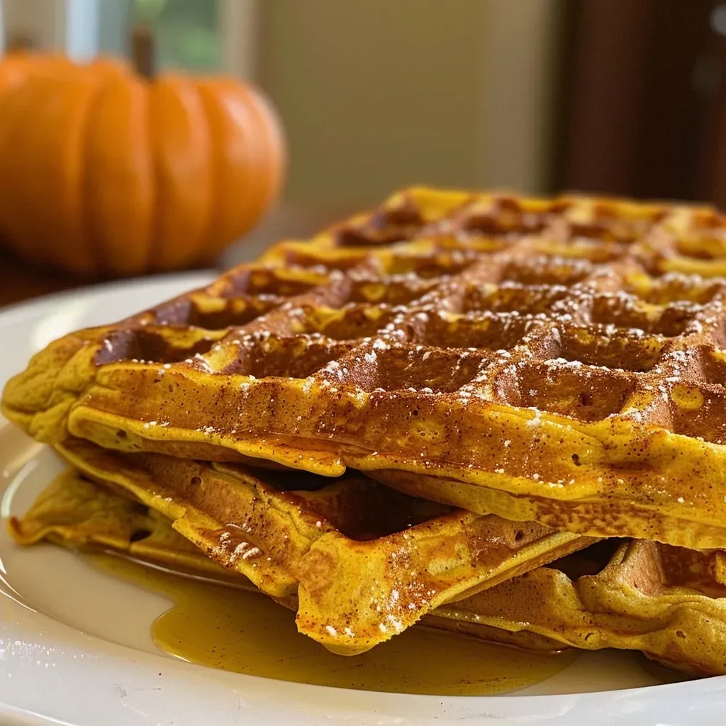 ['Close-up view of golden-brown pumpkin-spiced waffles drizzled with syrup.', 'Side view of fluffy pumpkin waffles topped with a sprinkle of cinnamon.', 'Juicy pumpkin waffles stacked on a plate, showcasing a rich orange hue.', 'Delicious pumpkin-spiced waffles displayed, highlighting their texture and toppings.']