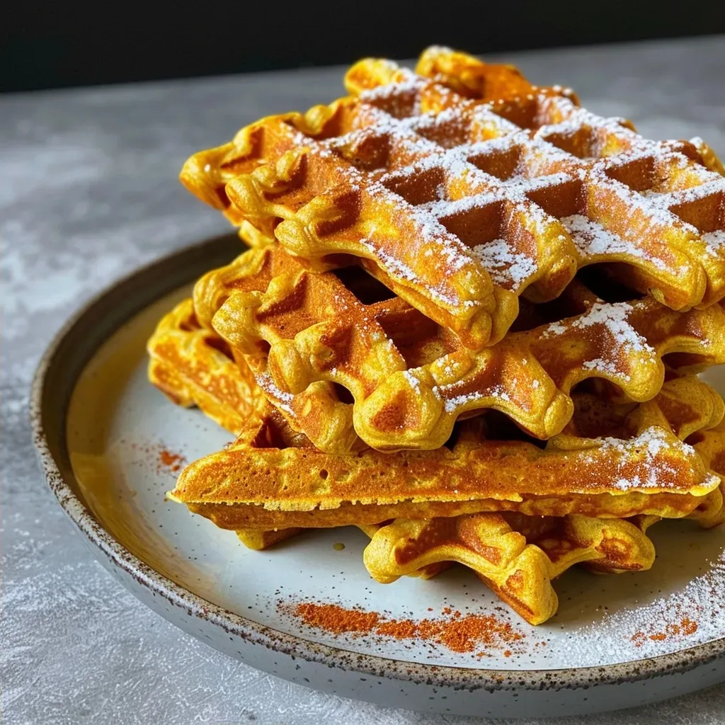['Close-up of golden brown pumpkin-spiced waffles topped with syrup and a sprinkle of cinnamon.', 'Side view of fluffy waffles infused with pumpkin spice, garnished with a dollop of whipped cream.', 'Delicious pumpkin waffles served on a plate, showcasing their rich texture and warm color.', 'A stack of pumpkin spice waffles with a drizzle of syrup and a hint of fall spices.']