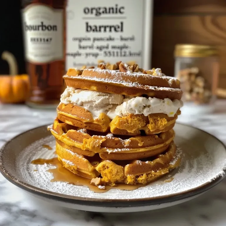 ['Close-up view of a Pumpkin Waffle Ice Cream Sandwich with melting ice cream.', 'Side view of a delicious Pumpkin Waffle Ice Cream Sandwich showcasing its layers.', 'Tasty Pumpkin Waffle Ice Cream Sandwich with a rich filling, presented on a plate.', 'Detailed shot of a Pumpkin Waffle Ice Cream Sandwich, emphasizing the texture of the waffles and ice cream.']