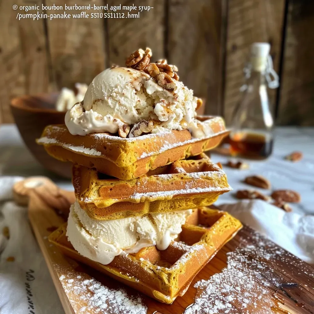 ['Close-up view of a Pumpkin Waffle Ice Cream Sandwich with melting ice cream.', 'Side view of a delicious Pumpkin Waffle Ice Cream Sandwich showcasing its layers.', 'Tasty Pumpkin Waffle Ice Cream Sandwich with a rich filling, presented on a plate.', 'Detailed shot of a Pumpkin Waffle Ice Cream Sandwich, emphasizing the texture of the waffles and ice cream.']