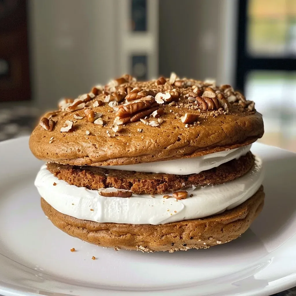['Close-up view of a moist Pumpkin Whoopie Pie with creamy filling.', 'Side profile of a Pumpkin Whoopie Pie showcasing its soft texture and layers.', 'Juicy Pumpkin Whoopie Pie displayed on a rustic table, highlighting its enticing details.', 'Delicious Pumpkin Whoopie Pie with a rich cream filling, presented in bright natural light.']
