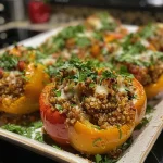 ['Juicy quinoa stuffed bell peppers with vibrant colors, viewed from the side.', 'Close-up of colorful stuffed peppers filled with quinoa and vegetables.', 'Side view of fresh, baked quinoa stuffed peppers on a plate.', 'A visually appealing arrangement of quinoa stuffed peppers, showcasing their filling.']