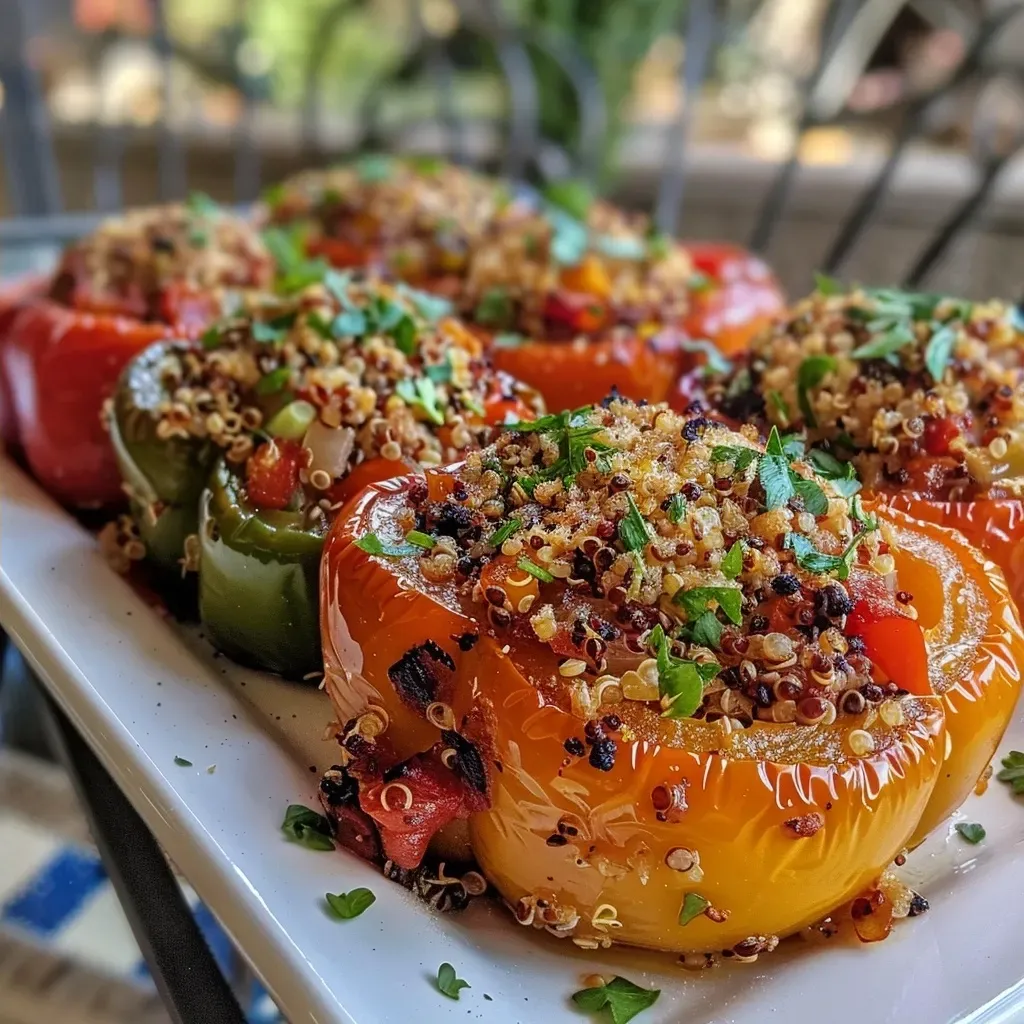 ['Juicy quinoa stuffed bell peppers with vibrant colors, viewed from the side.', 'Close-up of colorful stuffed peppers filled with quinoa and vegetables.', 'Side view of fresh, baked quinoa stuffed peppers on a plate.', 'A visually appealing arrangement of quinoa stuffed peppers, showcasing their filling.']
