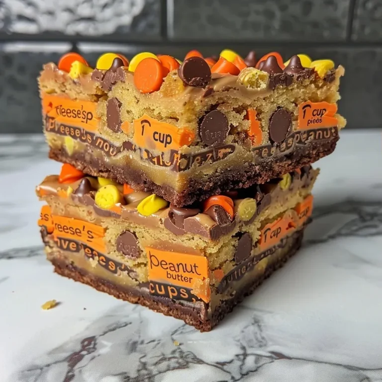 ["Close-up of Reese's Cake Mix Cookie Bars with colorful Reese's Pieces on top.", "Side view of delicious cookie bars featuring chunks of Reese's Peanut Butter Cups.", 'Juicy, gooey dessert bars made from yellow cake mix and topped with chocolate candies.', "Close-up shot highlighting the rich texture and toppings of Reese's cookie bars."]