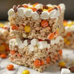 ["Close-up view of Rice Krispie treats topped with colorful Reese's Pieces candies.", "Side view of gooey Rice Krispie treats featuring vibrant Reese's Pieces.", "Juicy, colorful Rice Krispie treats with Reese's Pieces scattered on top.", "Delicious-looking Rice Krispie treats with a variety of Reese's Pieces candies."]