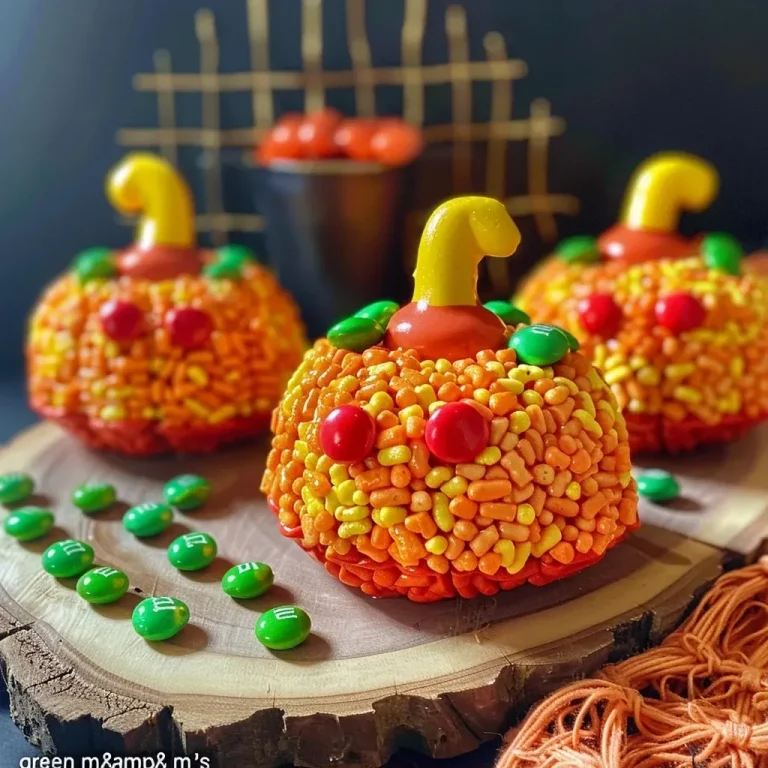 ['Close-up of a decorated Rice Krispie Treat shaped like a pumpkin.', 'Side view of a vibrant orange Rice Krispie pumpkin with green accents.', 'Juicy Rice Krispie Treat pumpkin, showcasing its detailed texture and colors.', 'Side angle of a whimsical Rice Krispie pumpkin treat with candy decorations.']