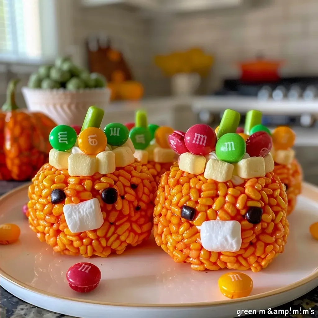 ['Close-up of a decorated Rice Krispie Treat shaped like a pumpkin.', 'Side view of a vibrant orange Rice Krispie pumpkin with green accents.', 'Juicy Rice Krispie Treat pumpkin, showcasing its detailed texture and colors.', 'Side angle of a whimsical Rice Krispie pumpkin treat with candy decorations.']