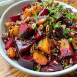 ['Close-up view of a vibrant roasted beet wild rice pilaf featuring mixed grains and colorful ingredients.', 'Side view of a bowl filled with roasted beet wild rice pilaf, showcasing the beets, rice, and nuts.', 'Detailed image of roasted beet wild rice pilaf with visible beets, cranberries, and spinach.', 'Close-up of a delicious roasted beet wild rice pilaf highlighting the colorful ingredients and textures.']