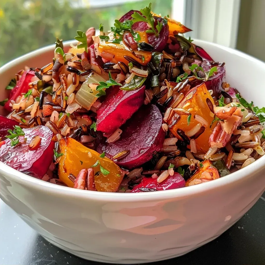['Close-up view of a vibrant roasted beet wild rice pilaf featuring mixed grains and colorful ingredients.', 'Side view of a bowl filled with roasted beet wild rice pilaf, showcasing the beets, rice, and nuts.', 'Detailed image of roasted beet wild rice pilaf with visible beets, cranberries, and spinach.', 'Close-up of a delicious roasted beet wild rice pilaf highlighting the colorful ingredients and textures.']