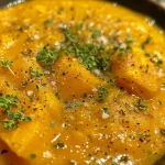 ['Close-up of creamy roasted butternut squash soup in a bowl, garnished with thyme.', 'A side view of a vibrant butternut squash soup in a rustic bowl, showcasing its smooth texture.', 'Textured roasted butternut squash soup with garlic cloves and herbs, arranged artistically.', 'Rich yellow butternut squash soup served hot, emphasizing its creamy consistency and garnishes.']