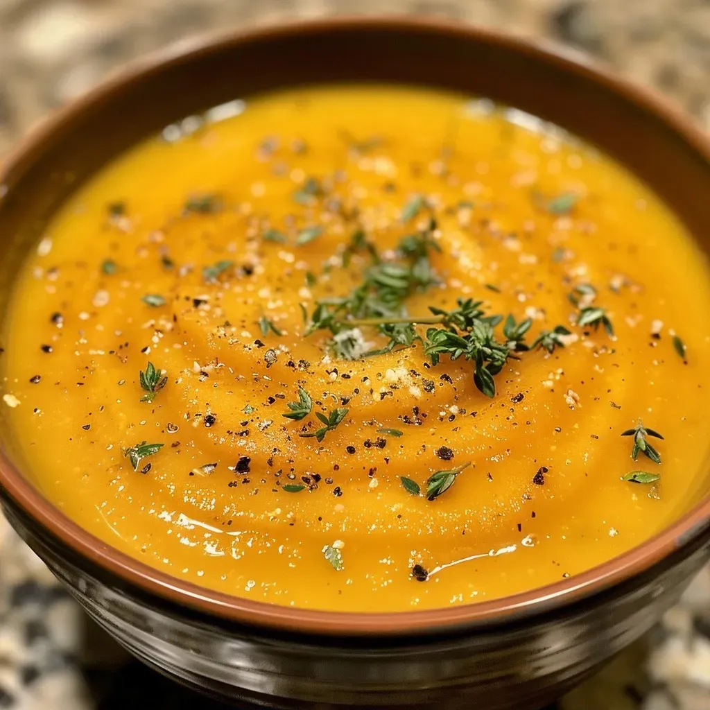 ['Close-up of creamy roasted butternut squash soup in a bowl, garnished with thyme.', 'A side view of a vibrant butternut squash soup in a rustic bowl, showcasing its smooth texture.', 'Textured roasted butternut squash soup with garlic cloves and herbs, arranged artistically.', 'Rich yellow butternut squash soup served hot, emphasizing its creamy consistency and garnishes.']