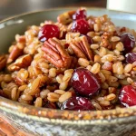 ['Close-up view of roasted cranberry maple farro topped with pecans.', 'Side shot of a bowl filled with farro mixed with cranberries and drizzled with maple syrup.', 'Juicy roasted cranberry maple farro displayed in a rustic bowl with toppings.', 'Textured farro dish featuring fresh cranberries and nuts on top.']