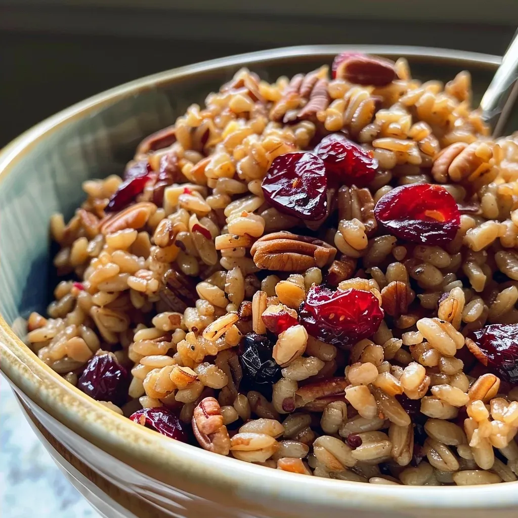['Close-up view of roasted cranberry maple farro topped with pecans.', 'Side shot of a bowl filled with farro mixed with cranberries and drizzled with maple syrup.', 'Juicy roasted cranberry maple farro displayed in a rustic bowl with toppings.', 'Textured farro dish featuring fresh cranberries and nuts on top.']