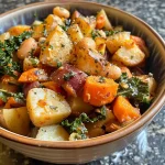 ['Close-up of a steaming bowl of roasted root vegetable stew with colorful diced vegetables.', 'Side view of a hearty roasted root vegetable stew featuring vibrant root vegetables and greens.', 'A delicious serving of roasted root vegetable stew with chunks of potatoes, carrots, and greens.', 'Detailed view of a savory roasted root vegetable stew showing its rich and colorful texture.']