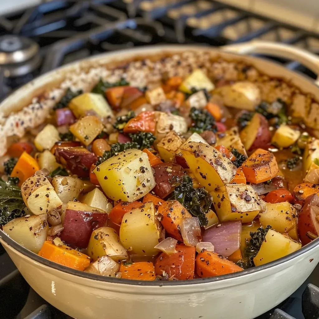 ['Close-up of a steaming bowl of roasted root vegetable stew with colorful diced vegetables.', 'Side view of a hearty roasted root vegetable stew featuring vibrant root vegetables and greens.', 'A delicious serving of roasted root vegetable stew with chunks of potatoes, carrots, and greens.', 'Detailed view of a savory roasted root vegetable stew showing its rich and colorful texture.']