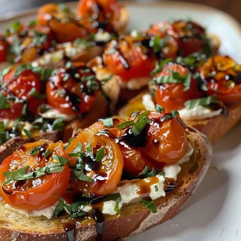 ['Close-up of a Roasted Tomato Bruschetta topped with ricotta on crispy bread.', 'Side view of a delicious Roasted Tomato Bruschetta featuring creamy ricotta and roasted tomatoes.', 'Juicy Roasted Tomato Bruschetta with a glossy balsamic glaze on toasted bread.', 'Appetizing Roasted Tomato Bruschetta showcasing vibrant tomatoes and creamy cheese.']