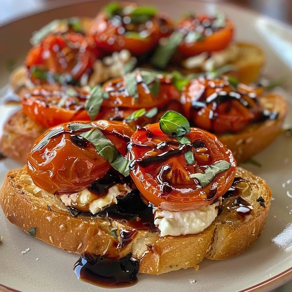 Close-up of a Roasted Tomato Bruschetta topped with ricotta on crispy bread.