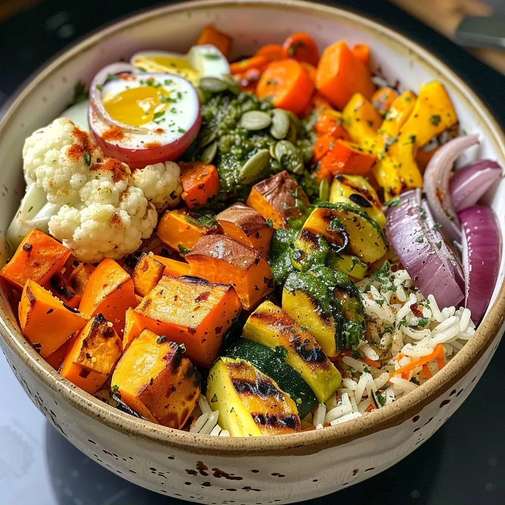 ['A close-up of a roasted vegetable rice bowl topped with a jammy egg and pesto.', 'A side view of a colorful rice bowl with roasted vegetables and a perfectly cooked egg.', 'A vibrant dish featuring assorted roasted vegetables, an egg, and a dollop of pesto.', 'A detailed shot of a cozy rice bowl filled with roasted vegetables and garnished with fresh pesto.']