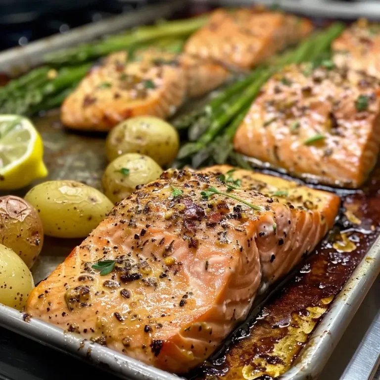 ['Juicy salmon fillets on a sheet pan with roasted asparagus and quartered baby potatoes.', 'A close-up view of a salmon sheet pan meal with vibrant green asparagus and golden potatoes.', 'Fresh salmon surrounded by cooked asparagus and crispy baby potatoes on a baking sheet.', 'A colorful sheet pan meal featuring salmon, asparagus, and baby potatoes ready to serve.']