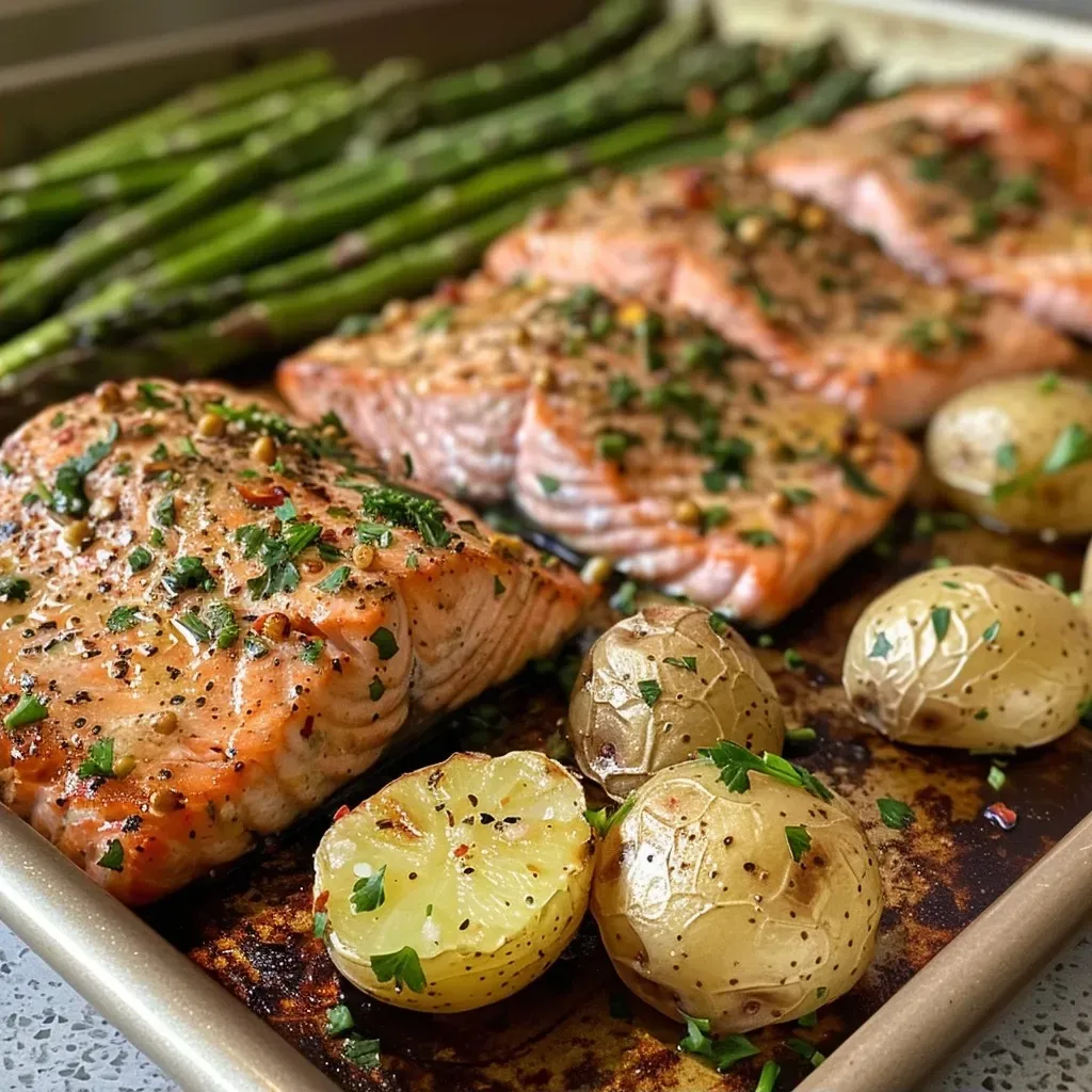 ['Juicy salmon fillets on a sheet pan with roasted asparagus and quartered baby potatoes.', 'A close-up view of a salmon sheet pan meal with vibrant green asparagus and golden potatoes.', 'Fresh salmon surrounded by cooked asparagus and crispy baby potatoes on a baking sheet.', 'A colorful sheet pan meal featuring salmon, asparagus, and baby potatoes ready to serve.']