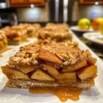 ['Close-up view of Salted Caramel Apple Pie Bars, showing layers of apples and caramel drizzled on top.', 'Side view of delicious Salted Caramel Apple Pie Bars with visible apple slices and caramel topping.', 'Detailed shot of a slice of Salted Caramel Apple Pie Bars featuring a crust, apple filling, and caramel drizzle.', 'Juicy Salted Caramel Apple Pie Bars displayed with a rich, golden caramel sauce and apple segments.']