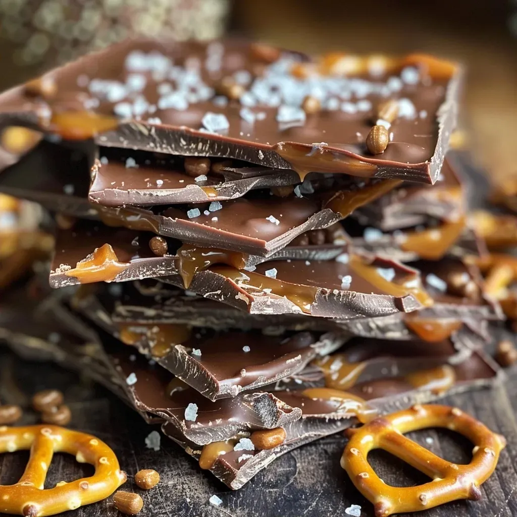 ['Close-up view of Salted Caramel Pretzel Bark featuring a mix of chocolate and pretzels.', 'Side view of a slice of Salted Caramel Pretzel Bark displaying its crunchy texture and caramel drizzle.', 'Detailed shot of Salted Caramel Pretzel Bark showing the chocolate layer and pretzel pieces.', 'Close-up image of Salted Caramel Pretzel Bark highlighting the rich chocolate and caramel blend.']