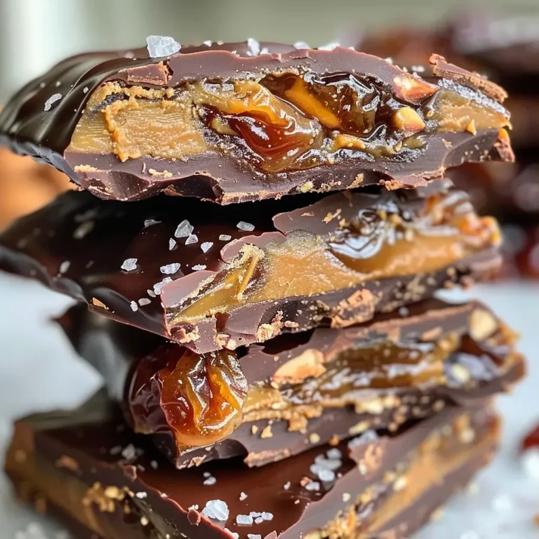 ['Close-up view of salted caramel protein date bark with a shiny chocolate coating and visible sea salt flakes.', 'Side angle of a rich salted caramel protein date bark showcasing its texture and layers of chocolate.', 'Detailed shot of a piece of salted caramel protein date bark highlighting the caramel and chocolate drizzle.', 'Visual of salted caramel protein date bark featuring medjool dates and dark chocolate topping, garnished with sea salt.']