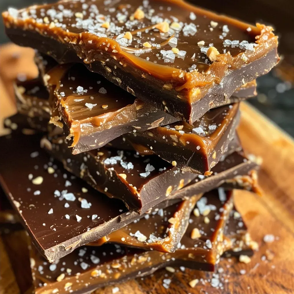 ['Close-up view of salted caramel protein date bark with a shiny chocolate coating and visible sea salt flakes.', 'Side angle of a rich salted caramel protein date bark showcasing its texture and layers of chocolate.', 'Detailed shot of a piece of salted caramel protein date bark highlighting the caramel and chocolate drizzle.', 'Visual of salted caramel protein date bark featuring medjool dates and dark chocolate topping, garnished with sea salt.']