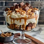['A close-up side view of a layered Salted Caramel Trifle showcasing fudgy brownie cubes, creamy layers, and caramel drizzle.', 'A detailed side view of a Salted Caramel Trifle, revealing rich layers of brownies, cream, and salted caramel sauce topped with chocolate curls.', 'A mouthwatering close-up of a Salted Caramel Trifle with visible layers of brownie, cream cheese mixture, and caramel, garnished with sea salt.', 'A side perspective of a Salted Caramel Trifle displaying its rich textures, including brownie, cream, and a tempting caramel drizzle.']