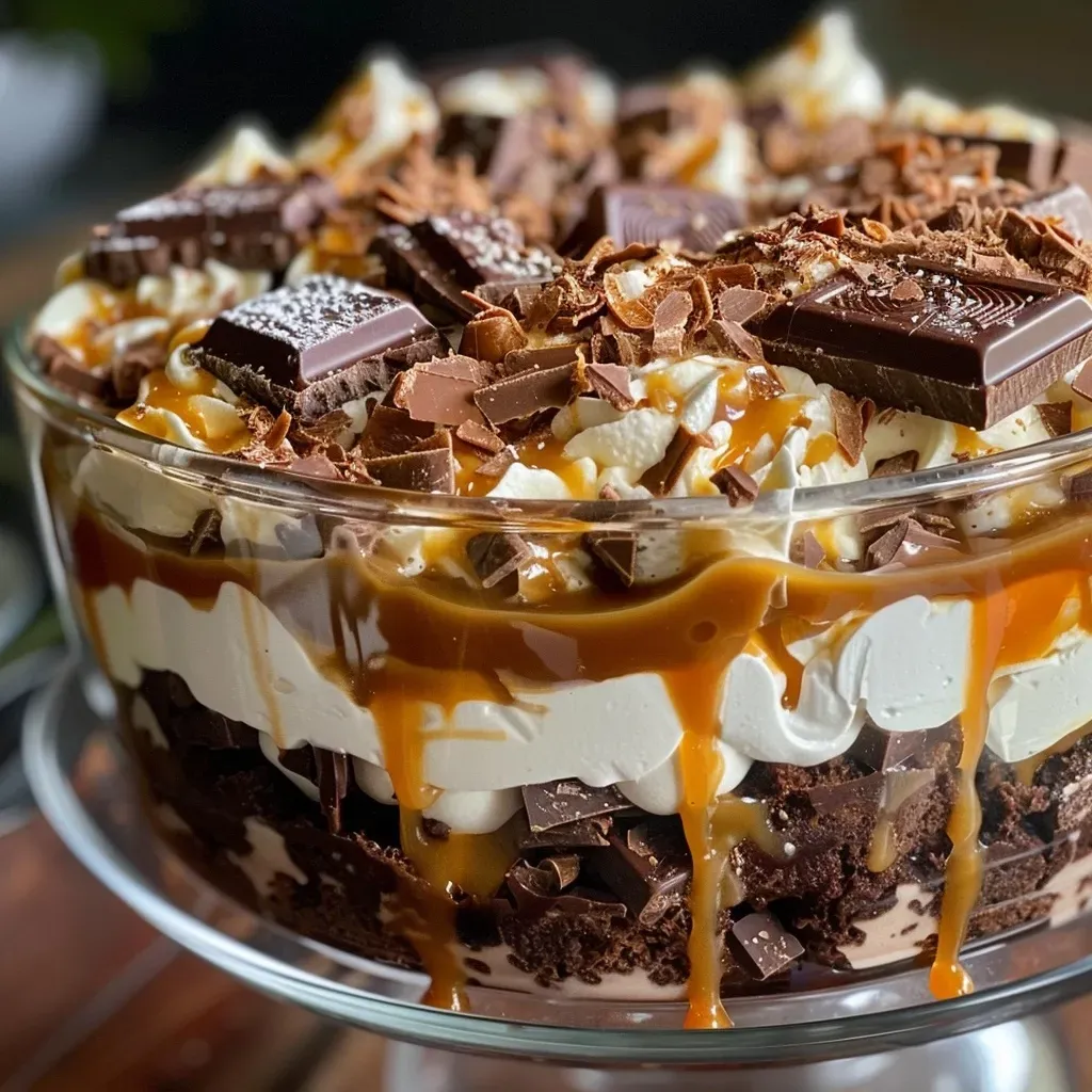 ['A close-up side view of a layered Salted Caramel Trifle showcasing fudgy brownie cubes, creamy layers, and caramel drizzle.', 'A detailed side view of a Salted Caramel Trifle, revealing rich layers of brownies, cream, and salted caramel sauce topped with chocolate curls.', 'A mouthwatering close-up of a Salted Caramel Trifle with visible layers of brownie, cream cheese mixture, and caramel, garnished with sea salt.', 'A side perspective of a Salted Caramel Trifle displaying its rich textures, including brownie, cream, and a tempting caramel drizzle.']