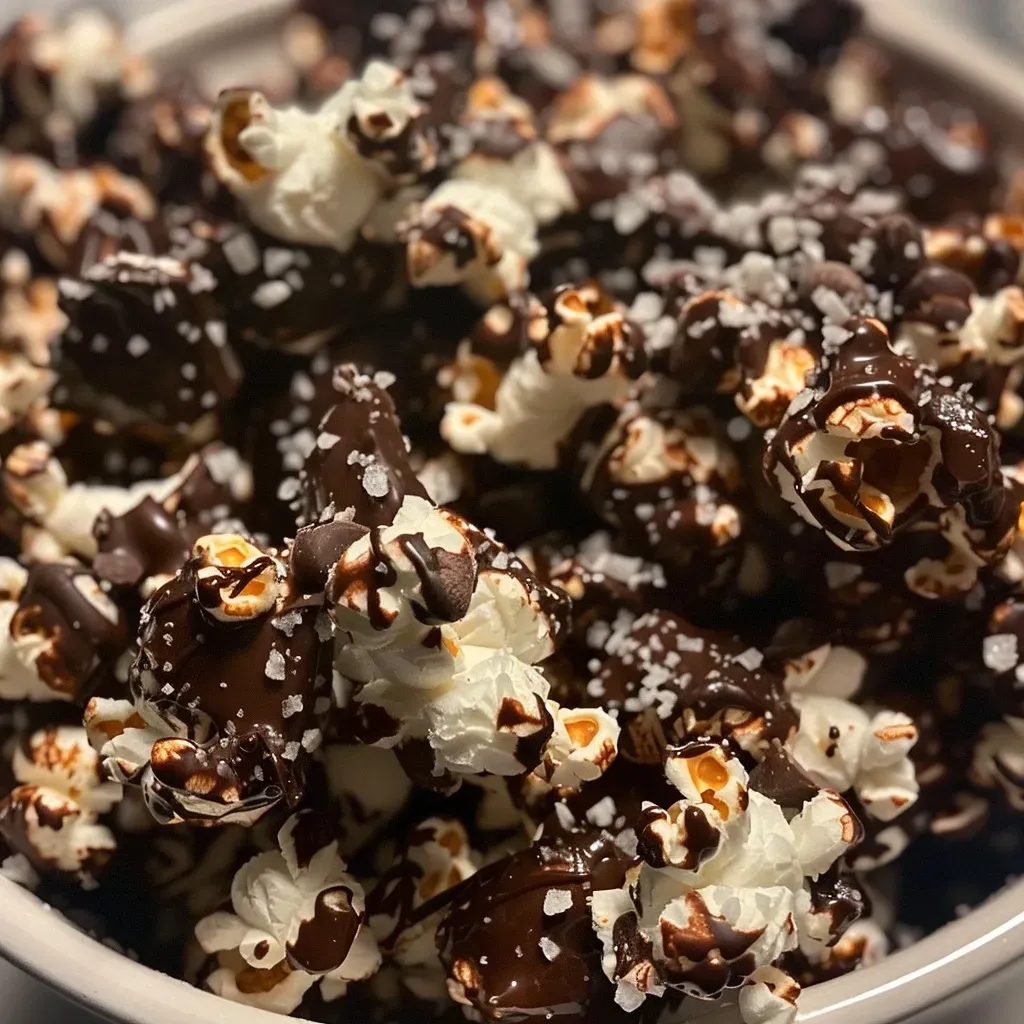 ['Close-up of popcorn drizzled with dark chocolate and sprinkled with sea salt.', 'Side view of salted dark chocolate popcorn in a bowl, glistening with chocolate.', 'Handful of popcorn coated in dark chocolate, dusted with flaky salt.', 'Textured view of dark chocolate popcorn with visible salt crystals on top.']