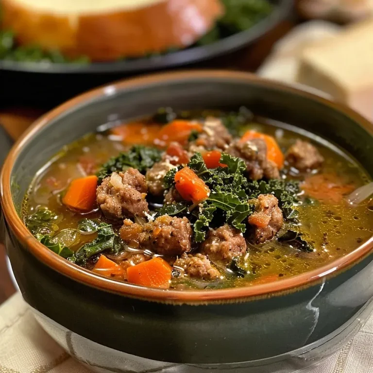 ['A close-up of a steaming bowl of sausage and kale soup with vibrant greens and sausage pieces.', 'Side view of hearty sausage and kale soup in a bowl, showcasing chunks of sausage and fresh kale.', 'An appetizing bowl of sausage and kale soup filled with colorful ingredients and rich broth.', 'Delicious sausage and kale soup featuring a rich, creamy texture and fresh greens.']
