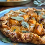 ['A close-up side view of a Savory Pumpkin Galette topped with goat cheese and fresh sage.', 'Detailed image of a pumpkin galette, golden crust, and toppings of goat cheese and herbs.', 'Side view showcasing the flaky crust and rich filling of a Savory Pumpkin Galette with goat cheese.', 'Close-up of a delicious pumpkin galette with caramelized onions and garnished with sage leaves.']