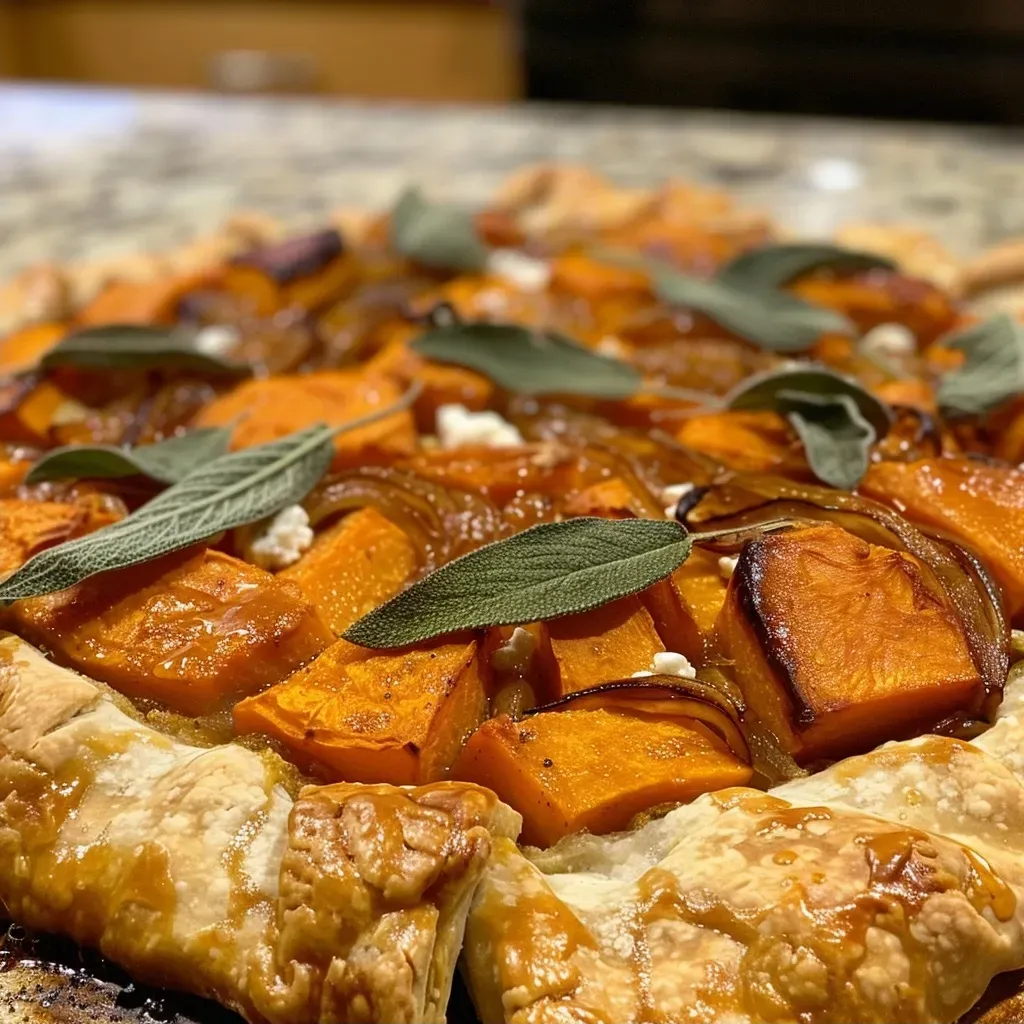 ['A close-up side view of a Savory Pumpkin Galette topped with goat cheese and fresh sage.', 'Detailed image of a pumpkin galette, golden crust, and toppings of goat cheese and herbs.', 'Side view showcasing the flaky crust and rich filling of a Savory Pumpkin Galette with goat cheese.', 'Close-up of a delicious pumpkin galette with caramelized onions and garnished with sage leaves.']