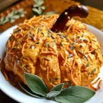 ['Close-up view of a pumpkin-shaped cheese ball with texture and details.', 'Savory cheese ball shaped like a pumpkin, featuring a pretzel stem and sage leaves.', 'Side view of a colorful cheese ball resembling a pumpkin, garnished with herbs.', 'Detailed shot of a pumpkin cheese ball with spices and a pretzel for the stem.']