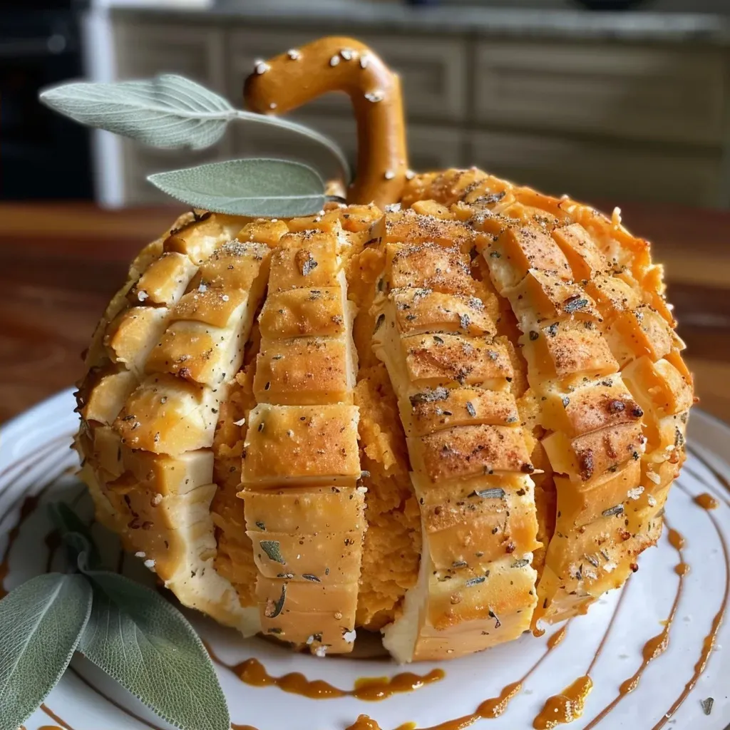 ['Close-up view of a pumpkin-shaped cheese ball with texture and details.', 'Savory cheese ball shaped like a pumpkin, featuring a pretzel stem and sage leaves.', 'Side view of a colorful cheese ball resembling a pumpkin, garnished with herbs.', 'Detailed shot of a pumpkin cheese ball with spices and a pretzel for the stem.']