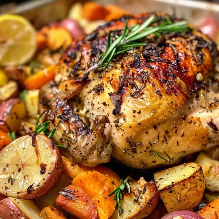 ['Close-up of a juicy roast chicken surrounded by colorful root vegetables.', 'A golden brown whole chicken on a platter with sliced carrots and cubed potatoes.', 'Side view of savory roast chicken with garlic, onions, and fresh herbs.', 'Hearty meal featuring roast chicken with vibrant root veggies and lemon halves.']